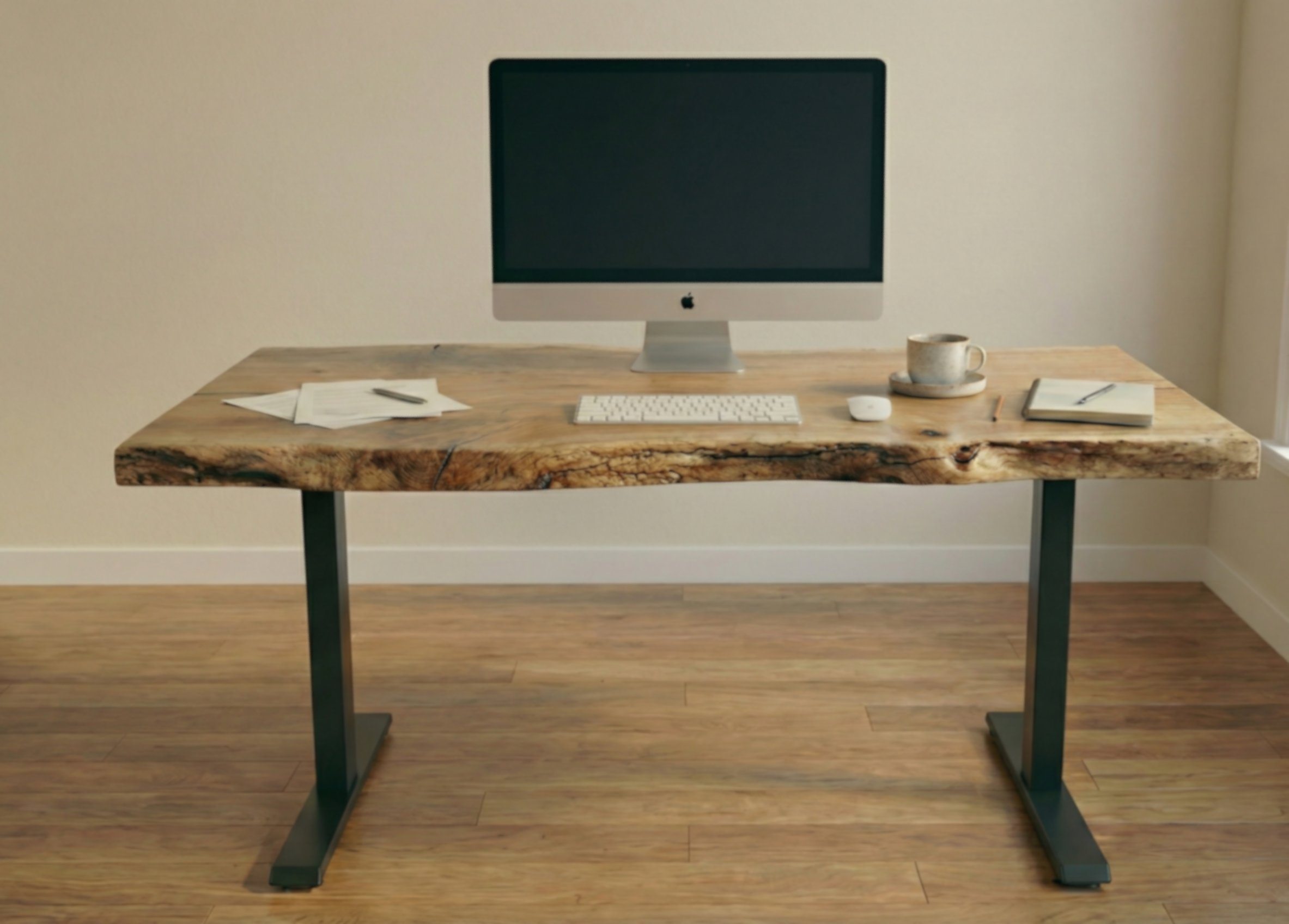 Height-adjustable live edge desk with solid wood top and black sit-stand base.