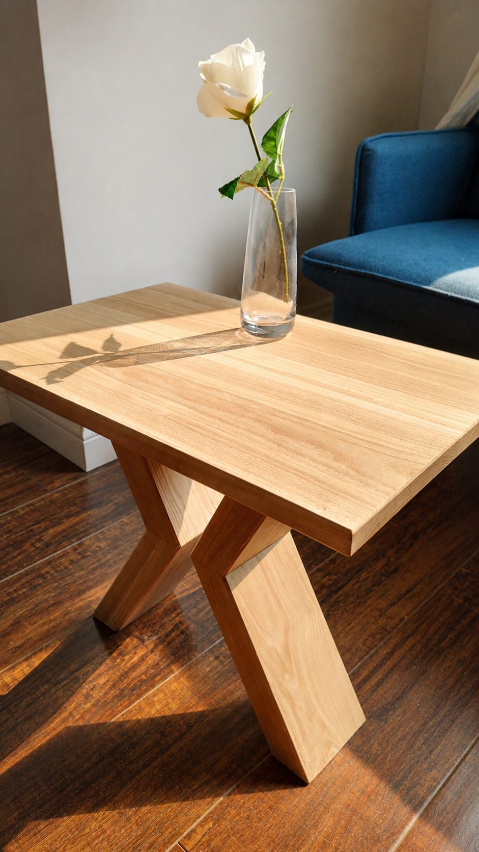 Handmade ash wood side table with sculptural crossed base and natural wood grain, built in Edmonton.