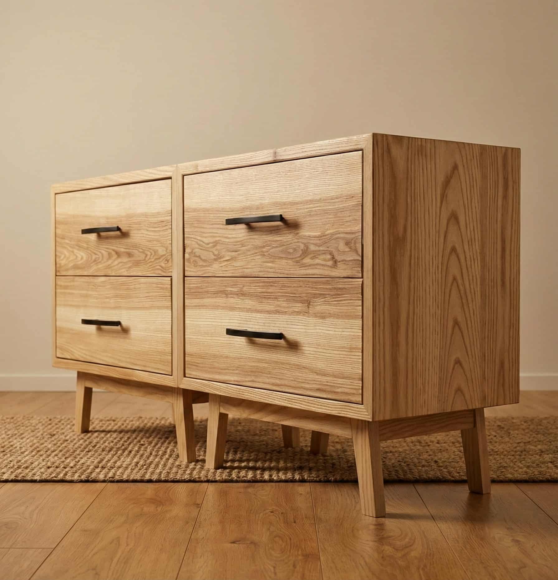 Pair of solid ash nightstands with four drawers and black pulls.