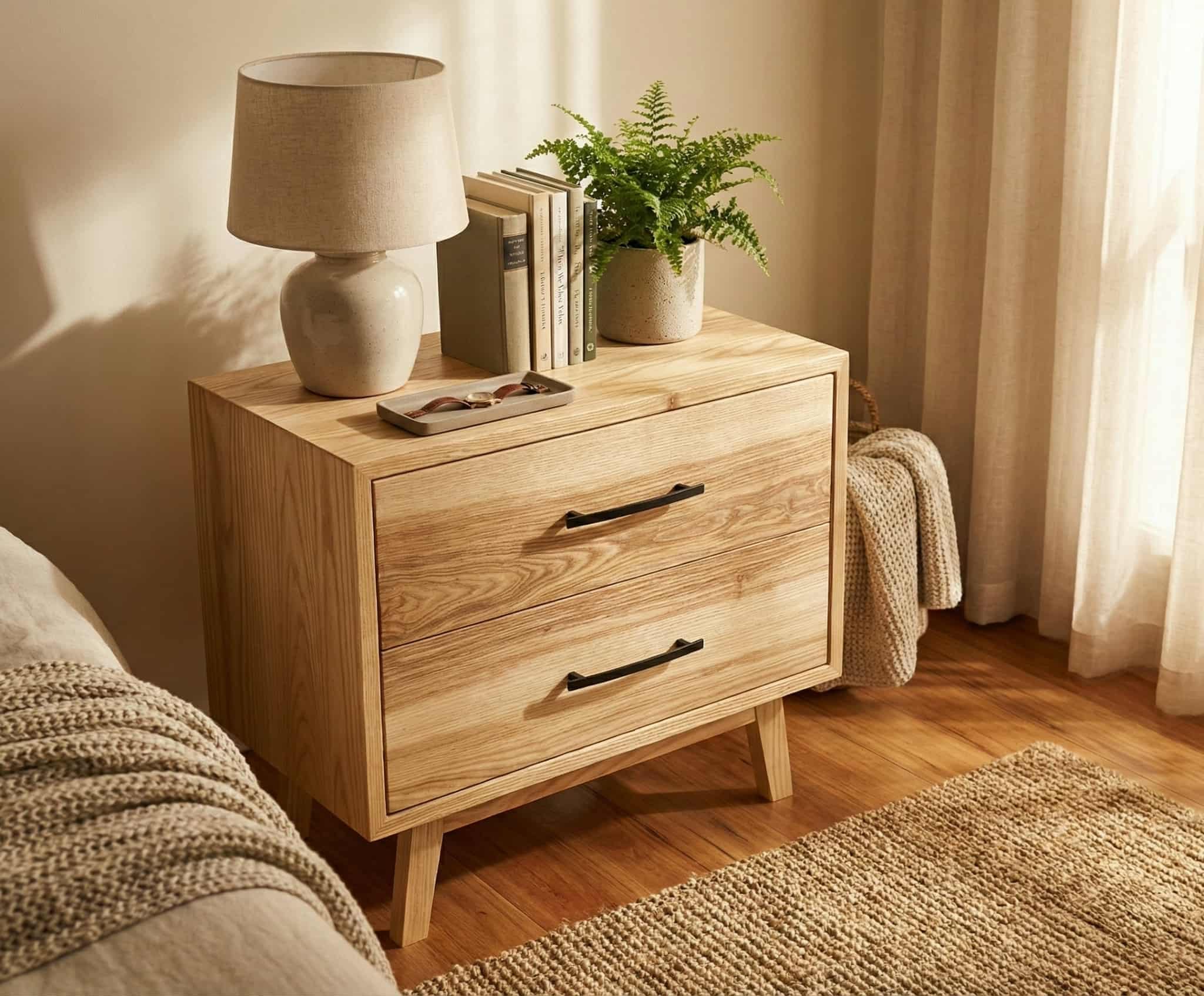 Solid ash bedroom nightstand with two drawers, black handles, and tapered legs.