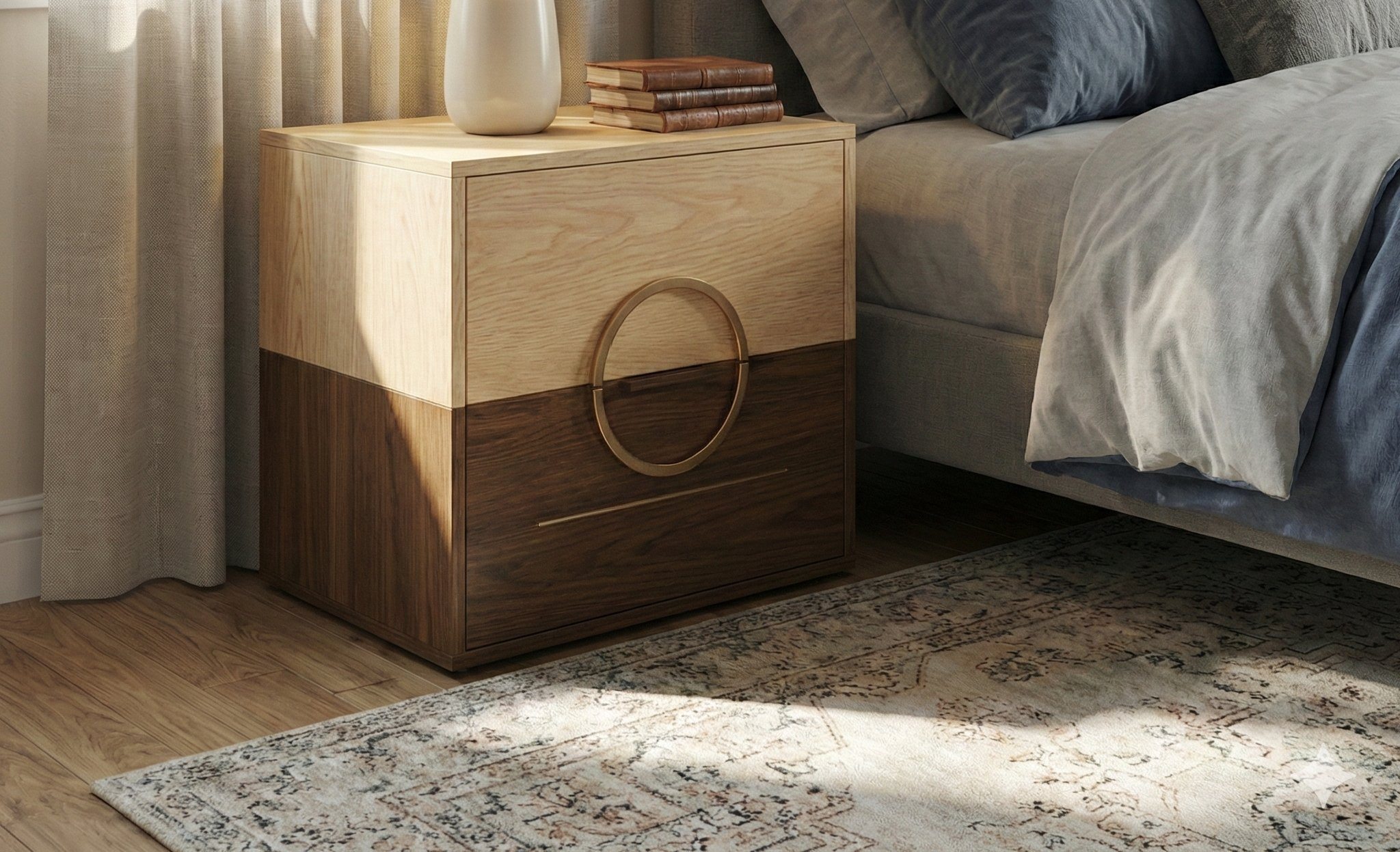 Two-tone nightstand with open solid wood drawer showing clean custom joinery.