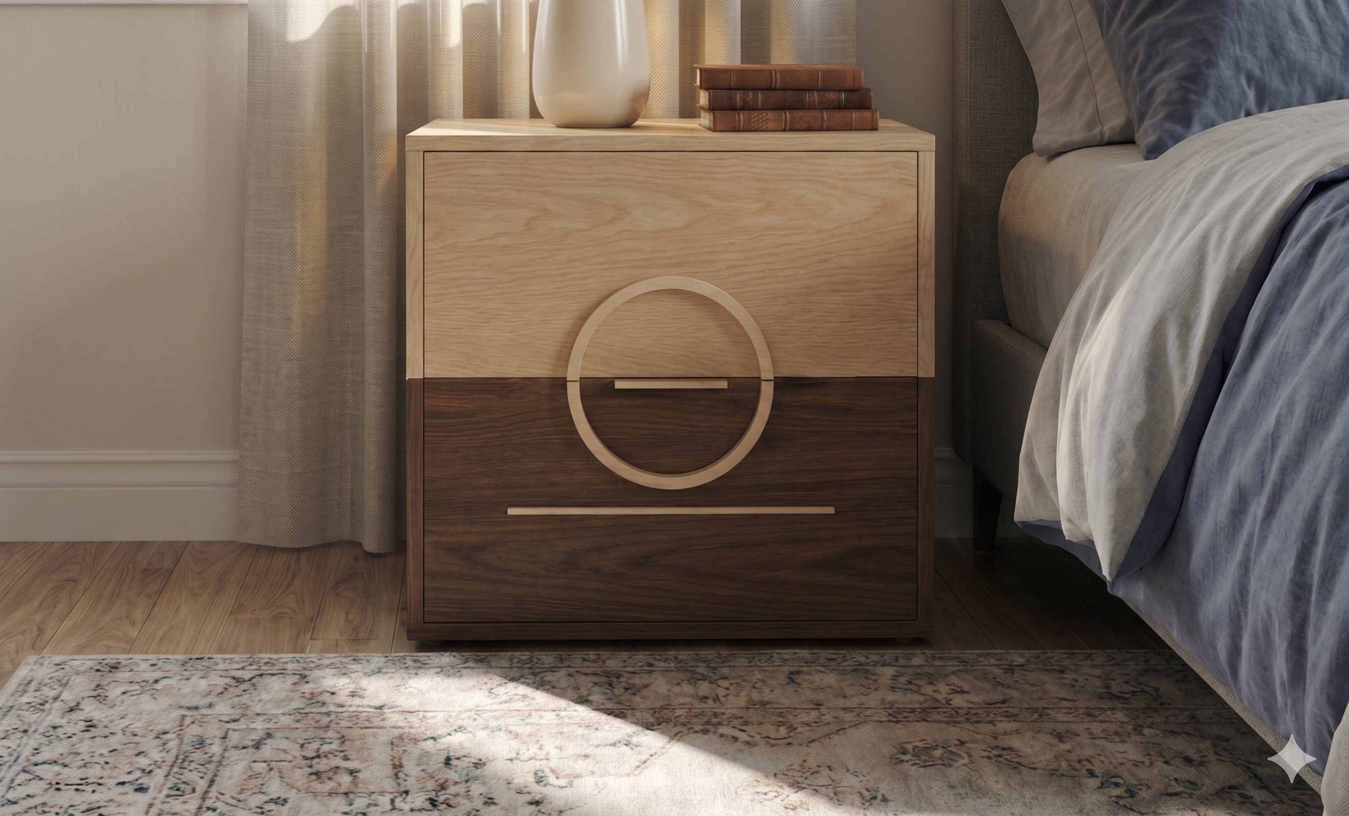 Modern two-tone oak and walnut style nightstand with rounded drawer detail beside a bed.